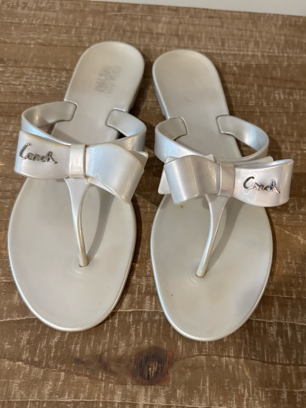 Coach Metallic White Bow Thong Sandals